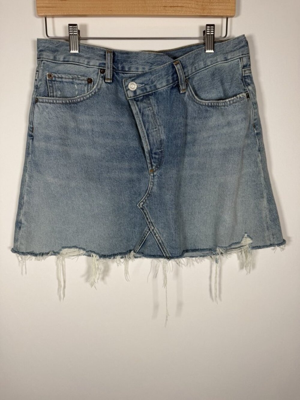 AGOLDE Criss Cross blue denim skirt frayed distressed hem 29 western festival